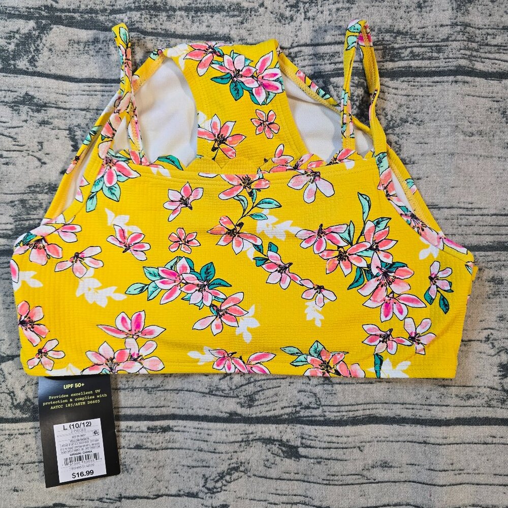 New NWT Art Class Two Piece Yellow Floral Bikini UPF 50+ Large 10/12
